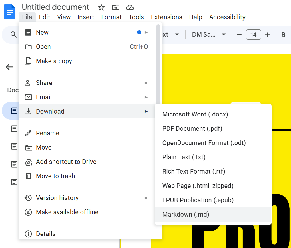 Screenshot showing the Google Docs File > Download > Markdown menu option selected.